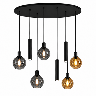 Industriële Hanglamp Ovaal Voor Eettafel- Amber & Smoke glas - 8 lichtpunten