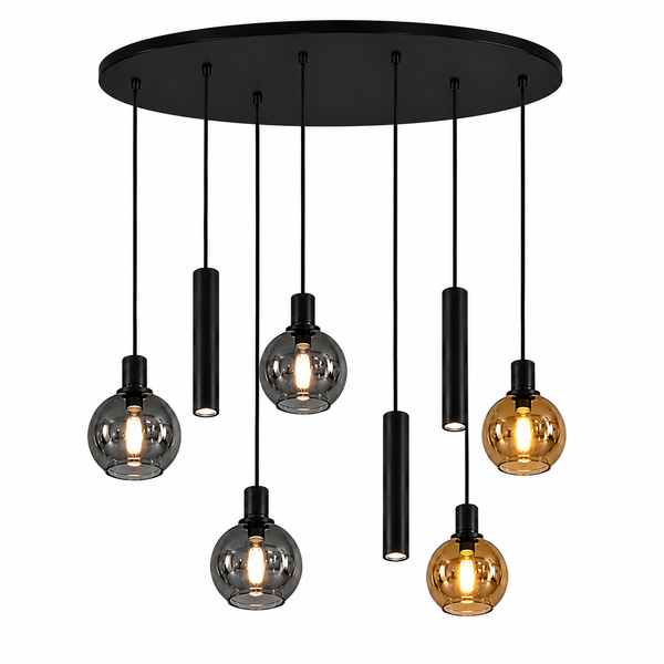 Industriële Hanglamp Ovaal Voor Eettafel- Amber & Smoke glas - 8 lichtpunten