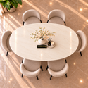 Ovale Travertin Eettafel 180x90 cm Witte blad - Zwarte X-poot - Luna