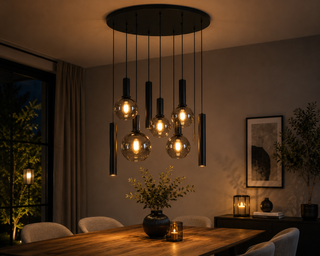 Industriële Hanglamp voor Eettafel ovaal – Smoke Glas – 8-Lichts – Dimbaar