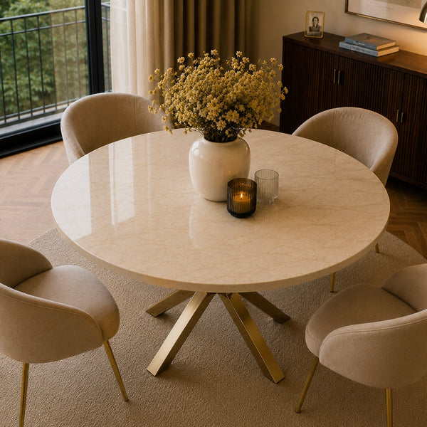 Travertin  Eettafel Rond– Crème Blad met poten goud - 130cm
