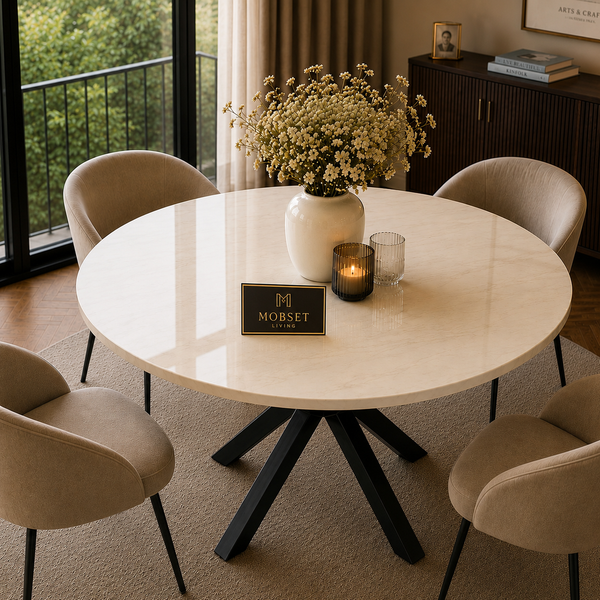 Ronde Travertin Eettafel 130 cm Witte blad - Zwarte X-poot - Luna