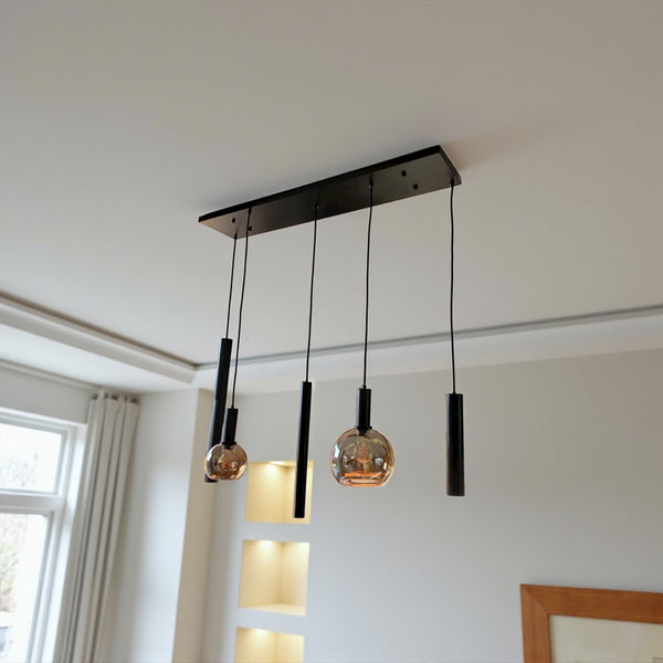Industriële Hanglamp voor Eettafel – Zwart/Amber Glas – 5-Lichts – Dimbaar