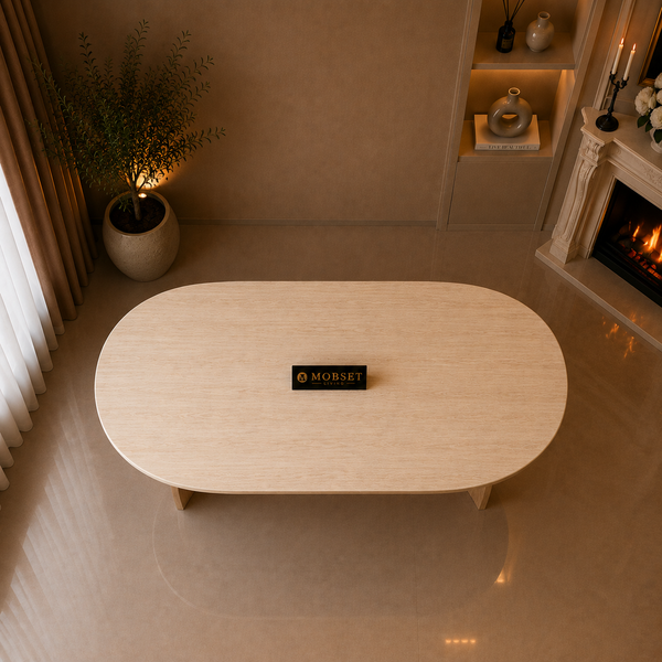 Eettafel Travertin Blad Poten Hout 160x90cm