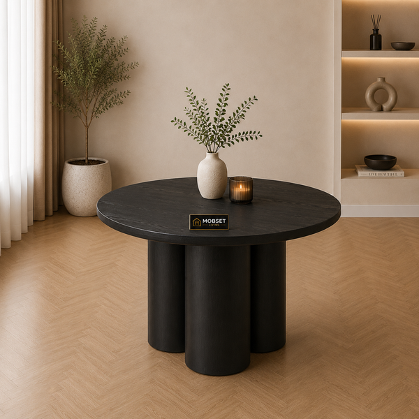Ronde Japandi eettafel – Zwart mangohout met drie poten