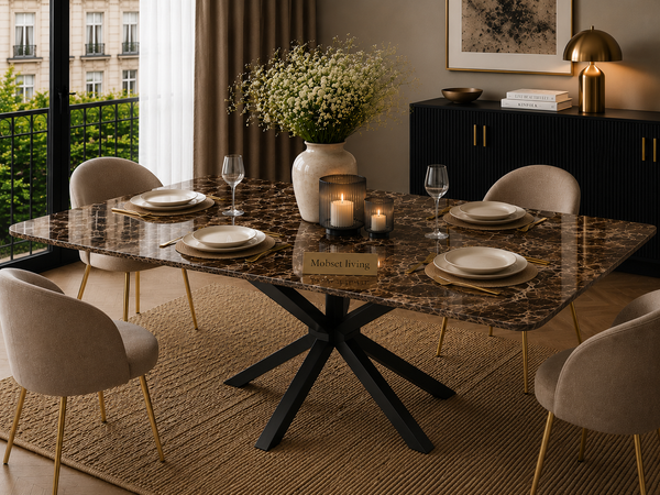Eettafel Travertin bruin - langwerpig poten zwart 180cm
