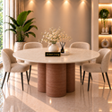 Ronde Travertin Eettafel 130 cm – Beige met Bruine Poot