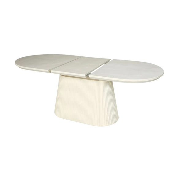 Ovale uitschuifbare Japandi eettafel – crèmekleurig MDF (160–200 cm)