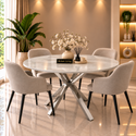 Ronde Travertin Eettafel 130 cm Witte blad- Zilveren X-poot - Rosa