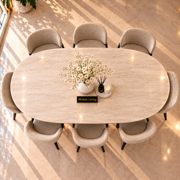 Ovale Japandi Travertijn Eettafel 180 x 90 cm – Beige met Bruine Poot