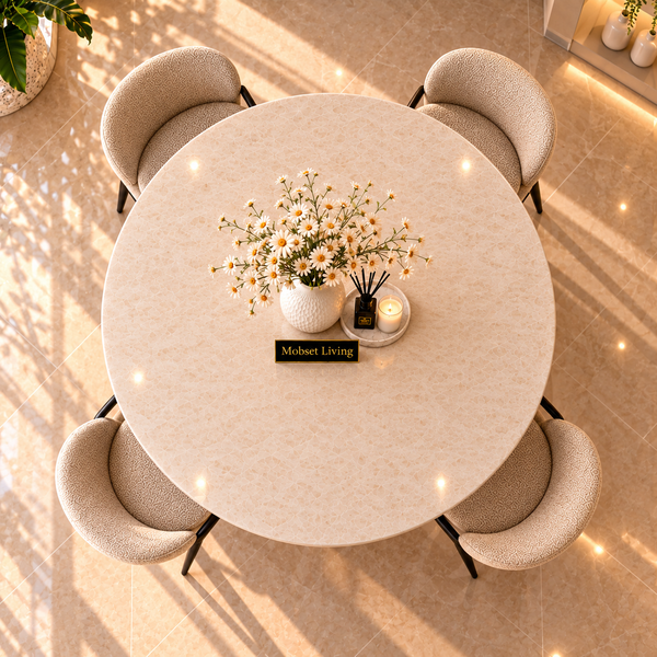 Ronde Travertin Eettafel 130 cm – Beige met Bruine Poot