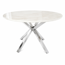 Eettafel Rond Travertin – Crème Blad met Zilveren Poot -130cm