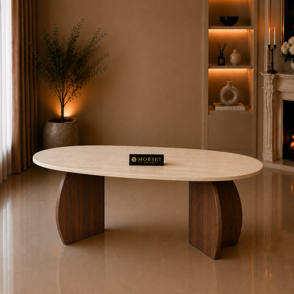 Eettafel Travertin Blad Ovaal Poot Bruin 160x90cm