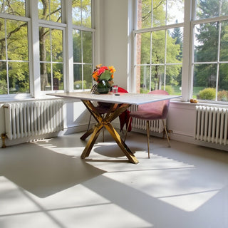 Travertin Eettafel Langwerpig – Crème Blad met Gouden Poot