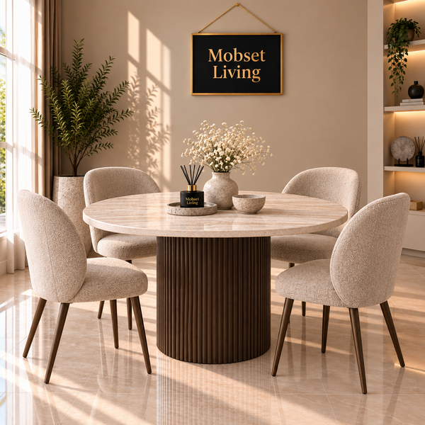 Eettafel Japandi travertin rond bruin 130 cm - Kimberly