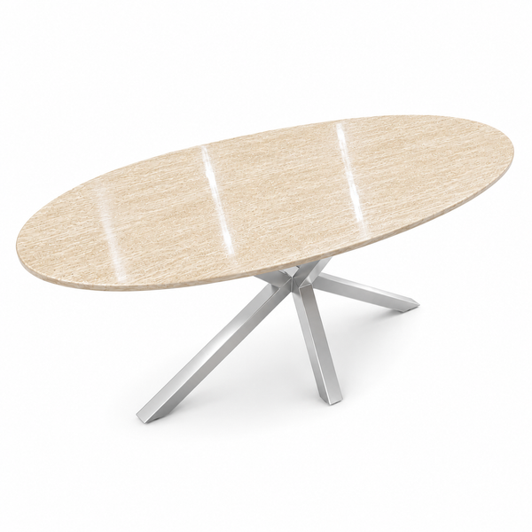 Eettafel Ovaal Beige Travertin met x poten zilver 180cm