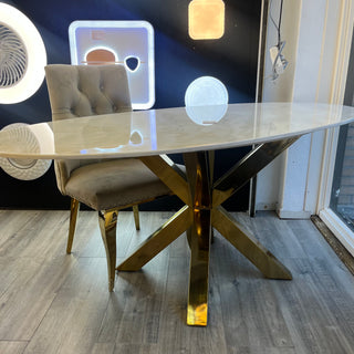 Marmerlook Eettafel ovaal Crème – Goud poten
