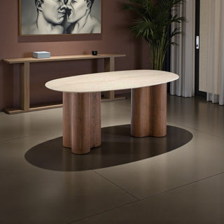 Japandi Eettafel – Ovaal Travertijn beige met Bruin Poot