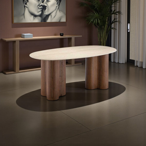 Japandi Eettafel – Ovaal Travertijn beige met Bruin Poot