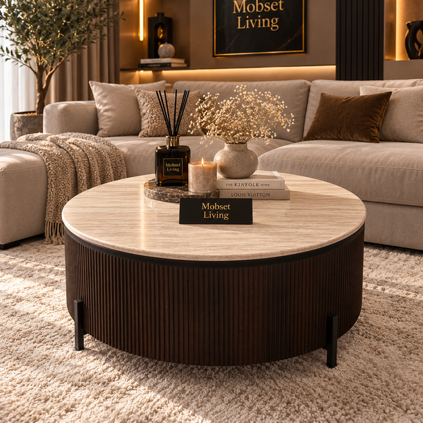 Salontafels Japandi travertin rond bruin 100cm - Kimberly
