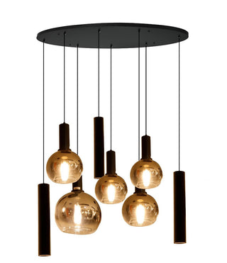 Amber Glas Hanglamp – Ovale Plaat – 5 Bollen + 3 Buisspots  – Eettafel Verlichting