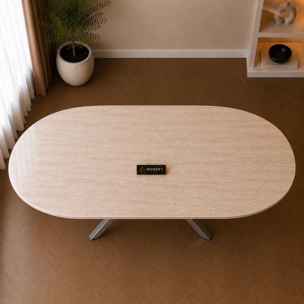 Ovale Beige Travertin Eettafel 180x90 cm Zilver X-poot - Wendy