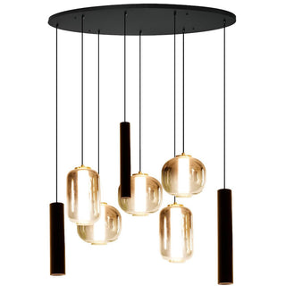 Amber glas Hanglamp – Ovale Plaat – 5 Bollen in Verschillende Vormen + 3 Buisspots  – Eettafelverlichting
