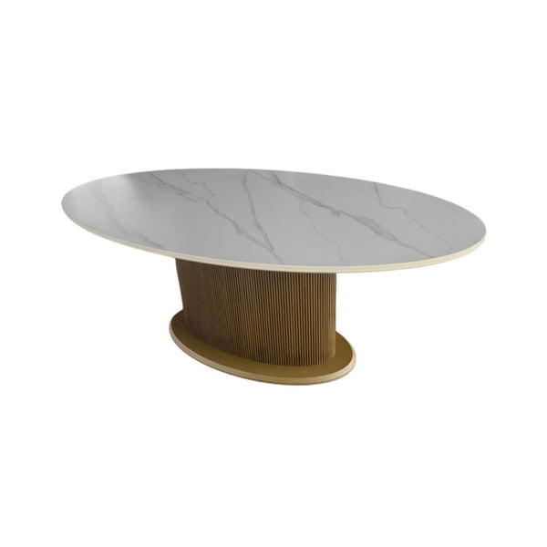 Ovale Eettafel Keramiek – Wit blad met gouden Japandi-stijl poot