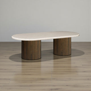 Japandi ovale salontafel - Travertin met dubbel bruin poot