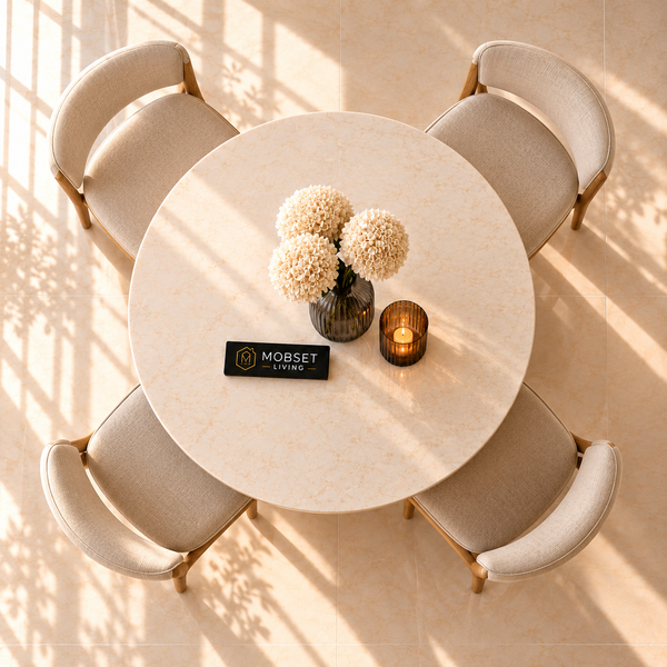 Ronde Japandi Eettafel – Travertin met Bruine Poot – 130 cm
