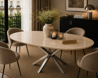 Eettafel Ovaal Beige Travertin met x poten zilver 180cm