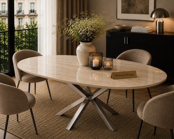 Eettafel Ovaal Beige Travertin met x poten zilver 180cm