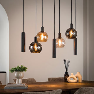 Industriële Hanglamp voor Eettafel – Amber & Smoke Glas – 7-Lichts – Dimbaar
