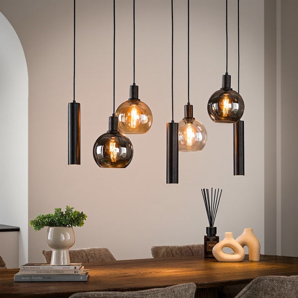 Industriële Hanglamp voor Eettafel – Amber & Smoke Glas – 7-Lichts – Dimbaar