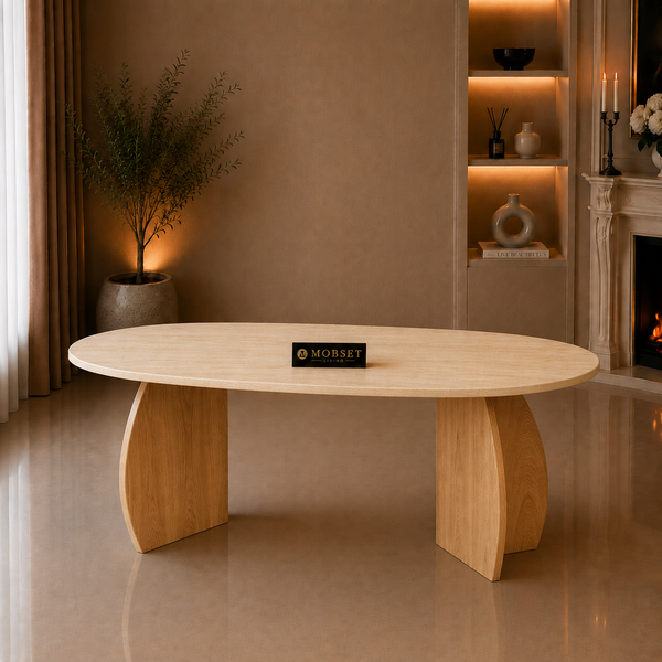 Eettafel Travertin Blad Poten Hout 160x90cm