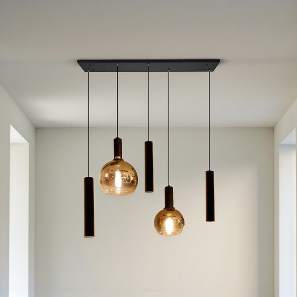 Industriële Hanglamp voor Eettafel – Zwart/Amber Glas – 5-Lichts – Dimbaar