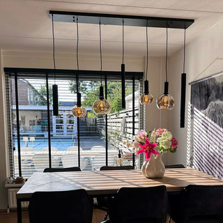 Amber Hanglamp Eettafel – Langwerpig Model – 4 Bollen + 3 Buisspots– 7 Lichtpunten