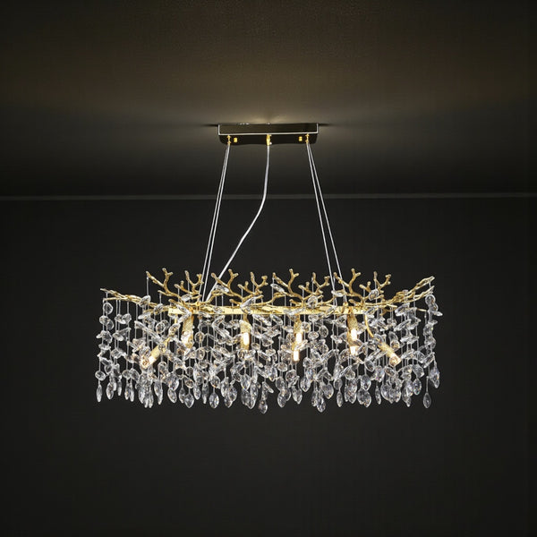 Ovale Eethoek Hanglamp Kroonluchter met Luxueuze Stenen Goud-10 Lichtpunten
