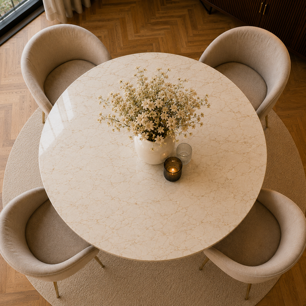 Travertin  Eettafel Rond– Crème Blad met poten goud - 130cm