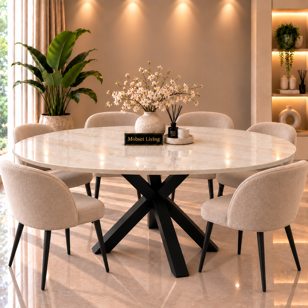Ovale Travertin Eettafel 180x90 cm Witte blad - Zwarte X-poot - Luna
