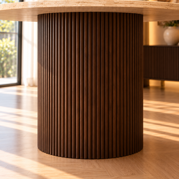 Eettafel Japandi travertin rond bruin 130 cm - Kimberly