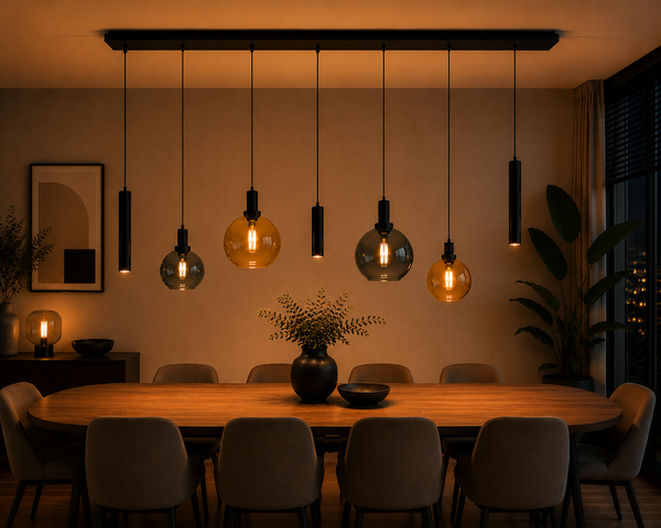 Industriële Hanglamp voor Eettafel – Amber & Smoke Glas – 7-Lichts – Dimbaar