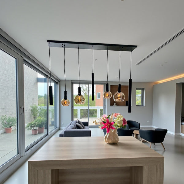 Industriële Hanglamp voor Eettafel – Zwart/Amber Glas – 7-Lichts – Dimbaar