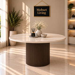 Eettafel Japandi travertin rond bruin 130 cm - Kimberly