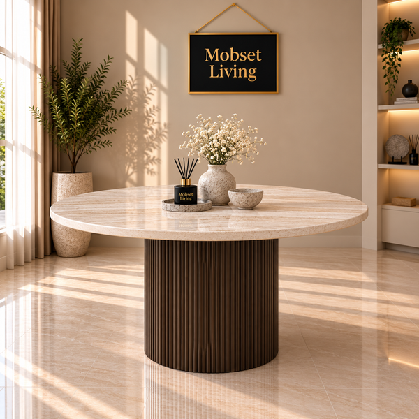 Eettafel Japandi travertin rond bruin 130 cm - Kimberly