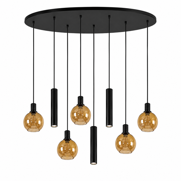 Industriële Hanglamp voor Eettafel ovaal – Zwart/Amber Glas – 8-Lichts – Dimbaar