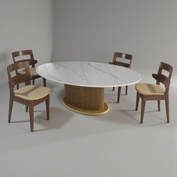 Ovale Eettafel Keramiek – Wit blad met gouden Japandi-stijl poot