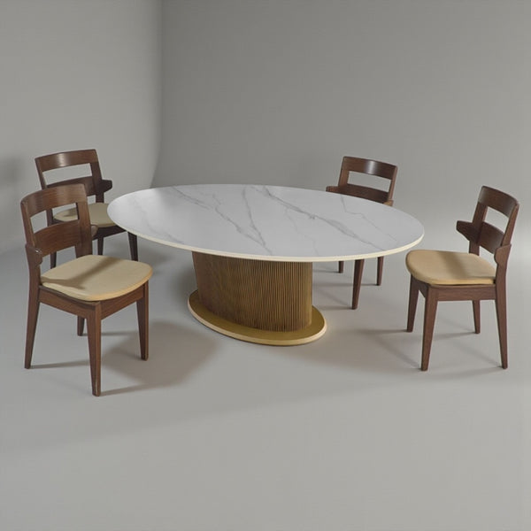 Ovale Eettafel Keramiek – Wit blad met gouden Japandi-stijl poot