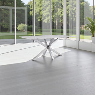 Eettafel Marmerlook Crème – Stijlvolle Langwerpige Tafel met Zilveren Onderstel