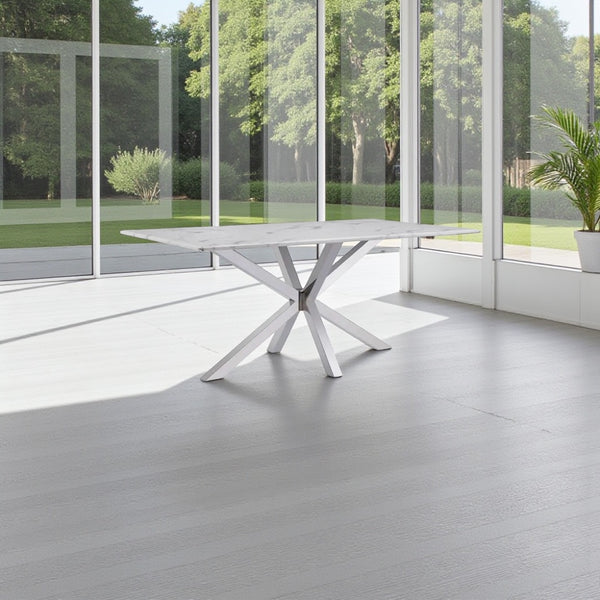 Eettafel Marmerlook Crème – Stijlvolle Langwerpige Tafel met Zilveren Onderstel